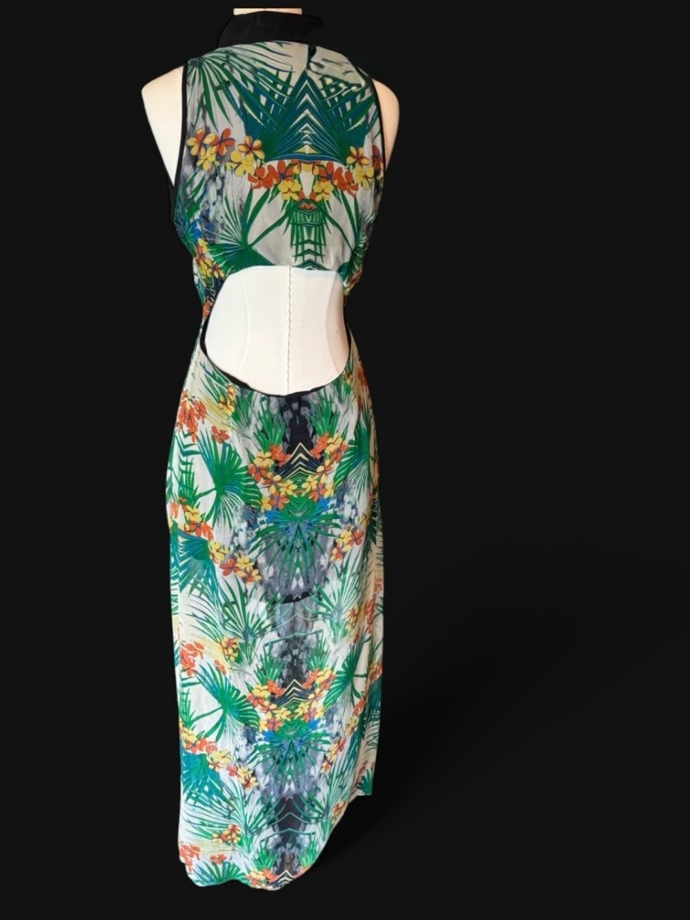 Line & Dot Tropical Green Floral Maxi Dress silk mother of pearl buttons open bk - Picture 5 of 11
